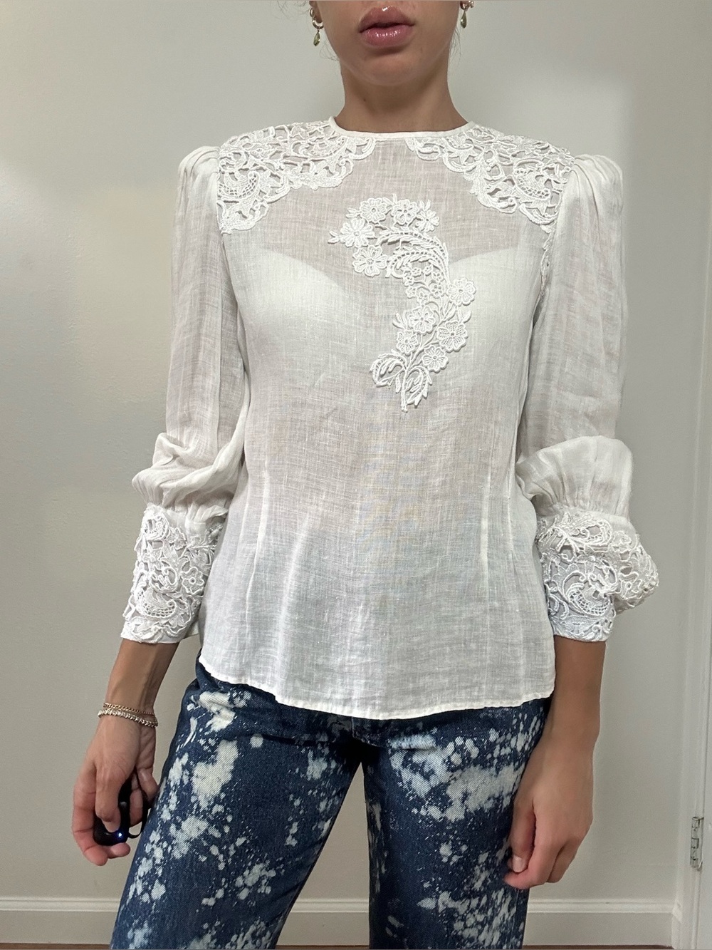 Vintage Linen White Lace-Trim Puff Sleeve Blouse Shirt Button Back Blouse Size M